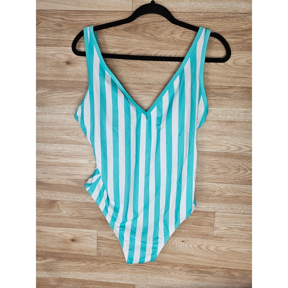 Kona Sol Turquoise Striped V-neck One Piece Swimsuit Women's Large NWT